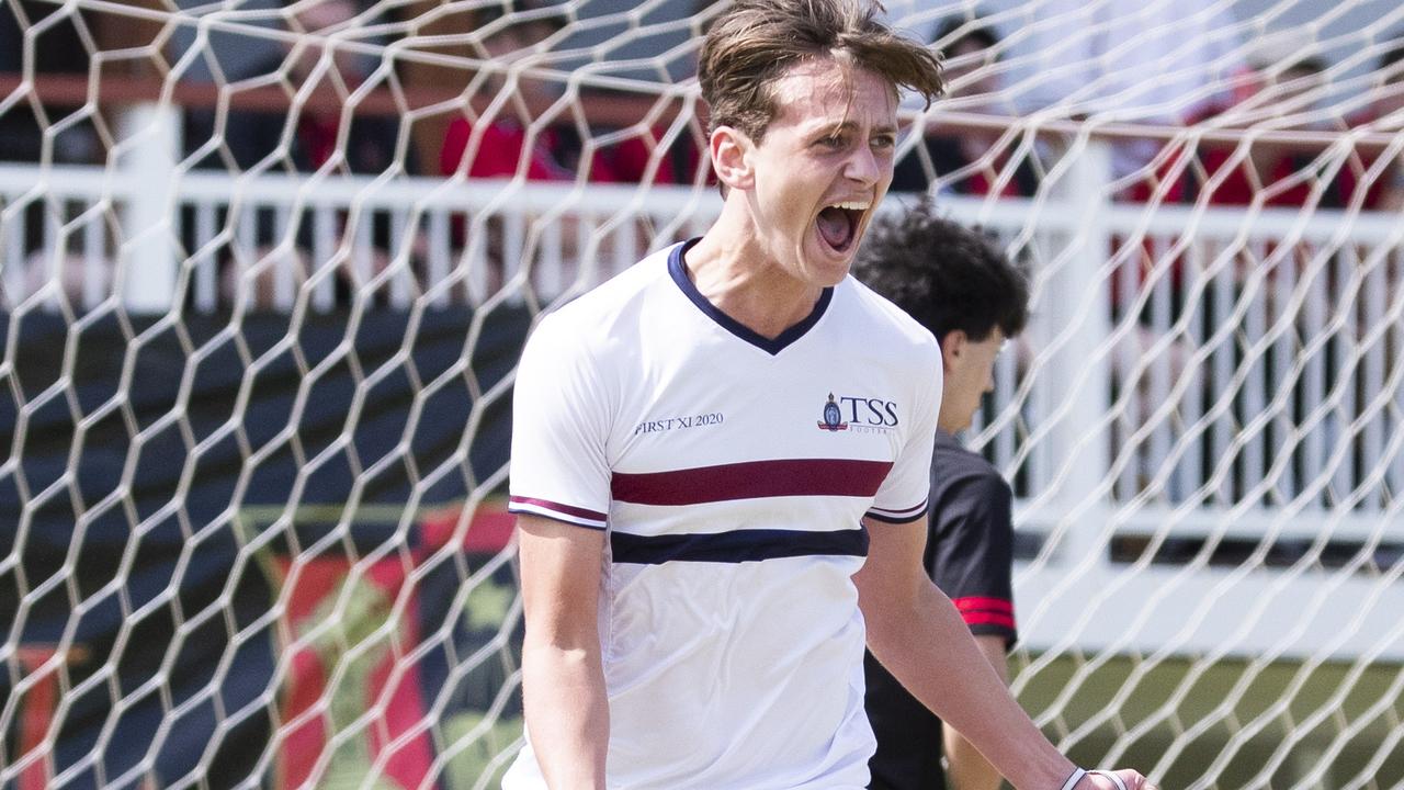 GPS First XI Football. St Joseph's Gregory Terrace vs The Southport School. TSS #12 Josh Koloski celebrates a goal. 5 September, 2020. Picture: Renae Droop