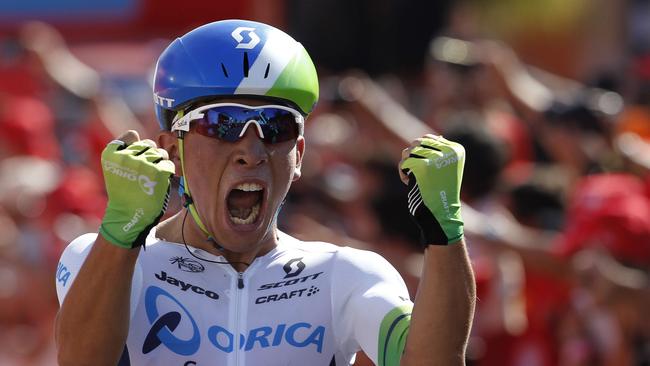 Orica-GreenEdge's Australian cyclist Caleb Ewan celebrates winning the fifth stage of the 2015 Vuelta Espana cycling tour, a 167.3km stage between Rota and Alcala de Guadaira on August 26, 2015. AFP PHOTO/JOSE JORDAN