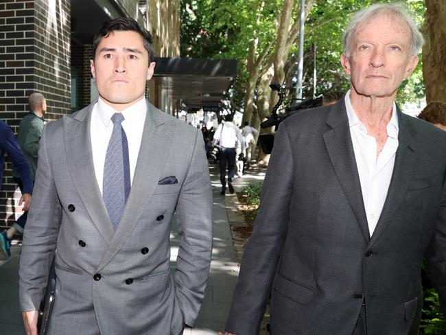 SYDNEY, AUSTRALIA - NewsWire Photos - November 18, 2024: L-R Lawyers Bryan Wrench and Christopher Murphy at the Day St Police Station, in Sydney. Veteran radio broadcaster Alan Jones, 83, has been arrested over indecent assault and sexual touching allegations spanning two decades. Picture: NewsWire / Dylan Coker