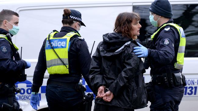 Police arrest a group at Queen Victoria Gardens. Picture: Andrew Henshaw