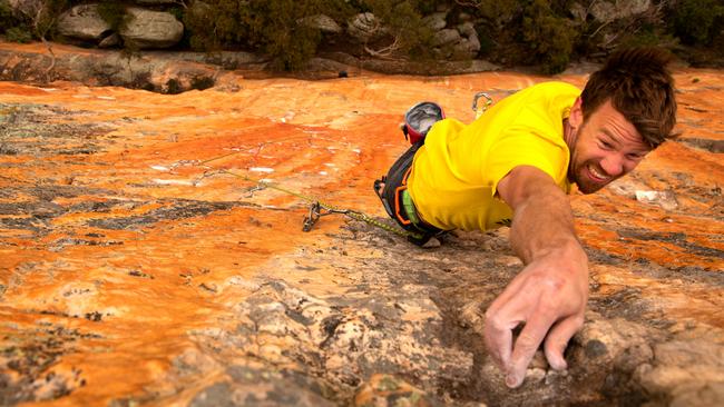 Viktor Dahl climbs 75 metres above the Grampians National Park at Serpentine, in the Mt Stapylton Amphitheatre. Picture: Matt Ray