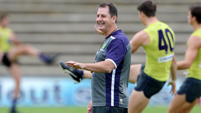 Ross Lyon has a laugh at Fremantle training. Picture: Daniel Wilkins.