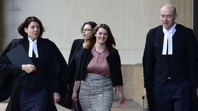 Greens Senator Sarah Hanson-Young arrives at the Federal Court with Sue Chrysanthou. Picture: AAP Image/Bianca De Marchi