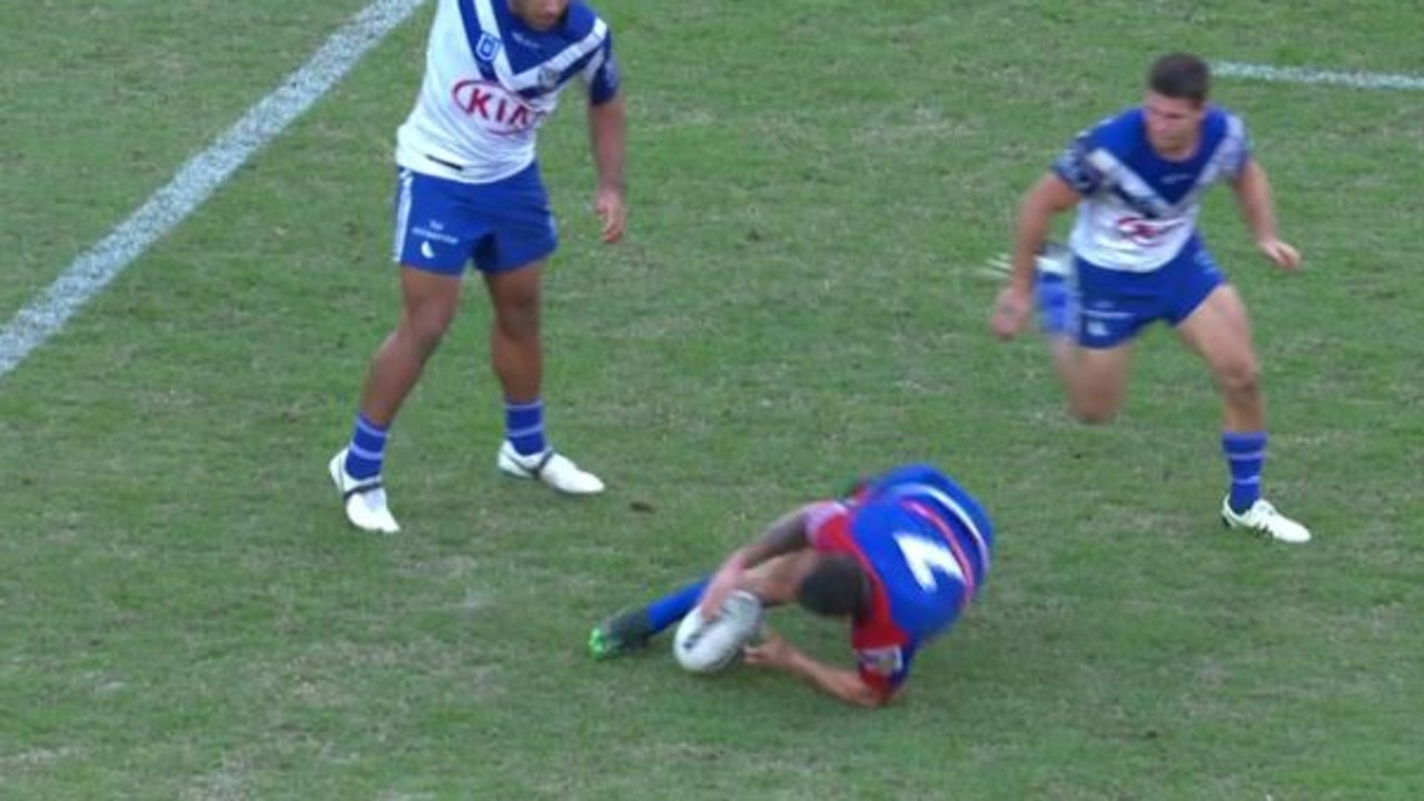 Mitchell Pearce knocks on late in the clash between the Knights and the Bulldogs