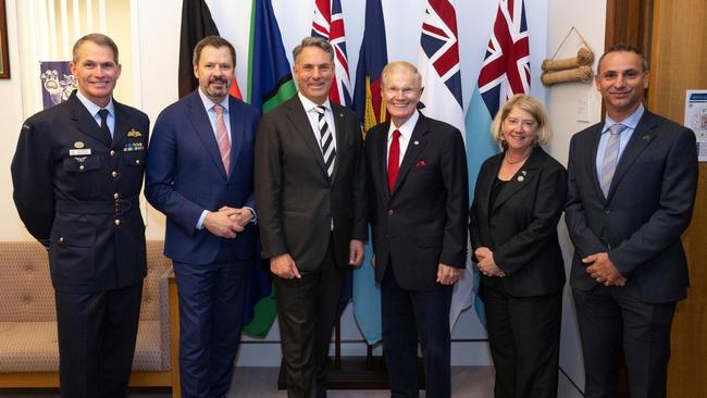 Air Force chief Robert Chipman, left, Industry Minister Ed Husic, Defence Minister Richard Marles, NASA administrator Bill Nelson and deputy administrator Pam Melroy, and Australian Space Agency head Enrico Palermo at Parliament House in March.