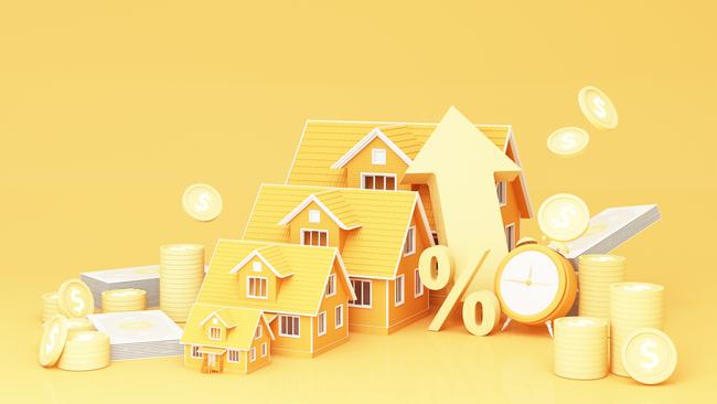 big arrow symbol Higher Interest Rates for Home Real Estate Ideas Savings on real estate of financial stability and growth and space for entering text on a yellow background, realistic 3D rendering.