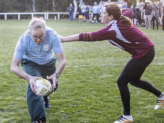 CANBERRA, AUSTRALIA - NewsWire Photos  AUGUST 02, 2022: Prime Minister Anthony Albanese played for NSW in the Parliamentary Friends of NRL game at Parliament House in Canberra. He claimed a try but was actually taped by his Minister for Sport of Australia, Anika Wells. NSW won 3-1.Picture: NCA NewsWire / Gary Ramage