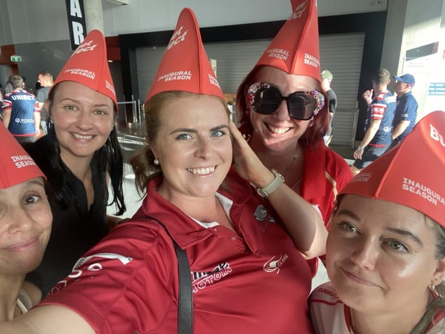 Nikki, Amy, Louise, Zoe and Chloe, all of Clontarf, at the Dolphins inaugural NRL game against the Sydney Roosters at Brisbane's Suncorp Stadium on Sunday, March 5, 2023. Picture: Supplied