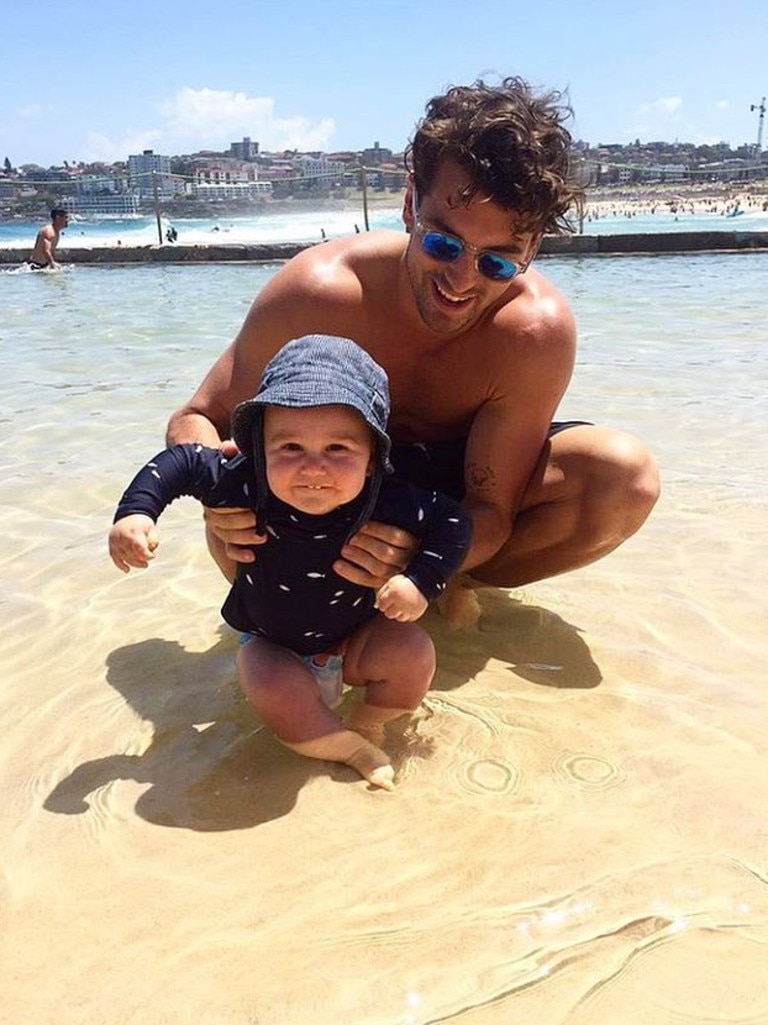 Matty Johnson at Bondi ... “Wish I was on the beach today with this little guy instead of sweating it out in the office.” Picture: @matthewdavidjohnson/Instagram