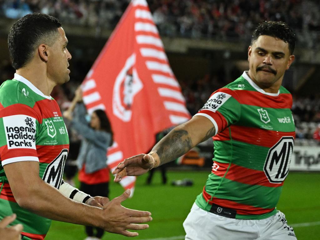 Cody Walker and Latrell Mitchell running out to face the Dragons last weekend. Picture: NRL Photos