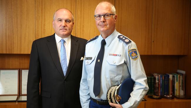 Corrections Minister David Elliott and Prisons Commissioner Peter Severin. Picture: Bob Barker