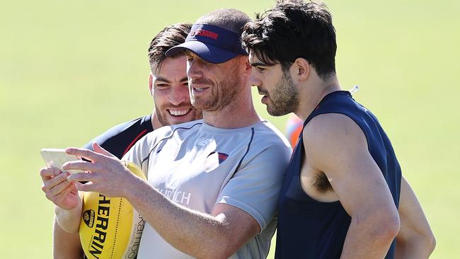 Simon Goodwin, Jack Viney and Christian Petracca at Melbourne training at Joondalup this week. Picture: Michael Klein