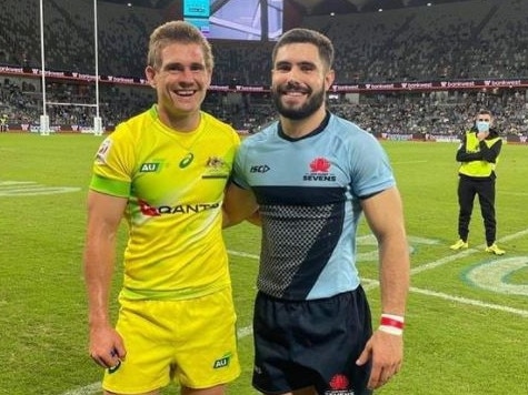 Nick Chapman (left) with good mate Jordan Luke after a rugby 7s tournament in March.