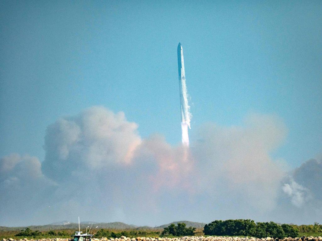 The SpaceX Starship rocket launches from Starbase, Texas, as seen from South Padre Island. Picture: AFP