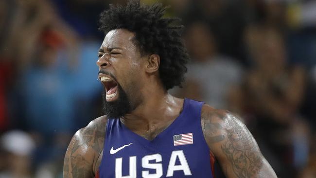 United States' DeAndre Jordan celebrates a play against Spain during a men's semifinal.