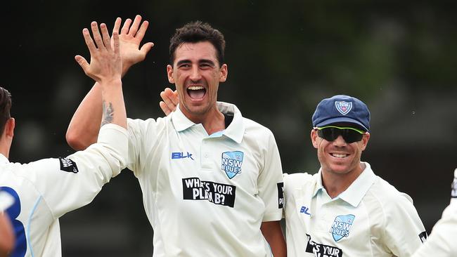 Mitchell Starc celebrates with David Warner his hat-trick bowling WA's Simon Mackin during the Sheffield Shield match between NSW and WA at Hurstville oval. Picture. Phil Hillyard