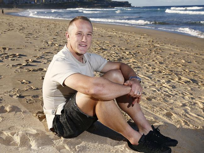 South Sydney Rabbitohs legend Jason Clark  on Maroubra Beach. Jason will leave the Rabbitohs at seasons' end and the family will head to England. Picture: john Appleyard