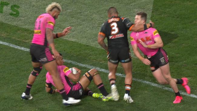 Joey Leilua has just returned from a four-match ban for this hit on Penrith’s Dylan Edwards.