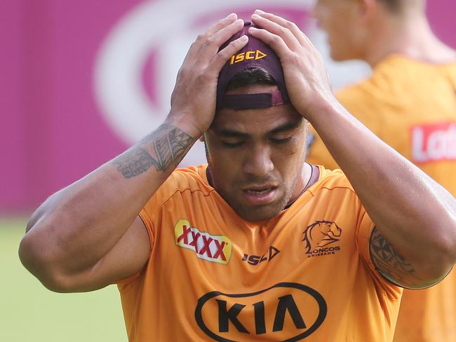 Joe Ofahengaue. The Brisbane Broncos training at Red Hill.  Pic Peter Wallis