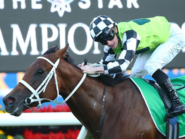 SYDNEY, AUSTRALIA - APRIL 13: James Mcdonald riding Zougotcha  wins Race 9 Grainshaker Vodka Queen of the Turf during Sydney Racing: The Championships at Royal Randwick Racecourse on April 13, 2024 in Sydney, Australia. (Photo by Jeremy Ng/Getty Images)