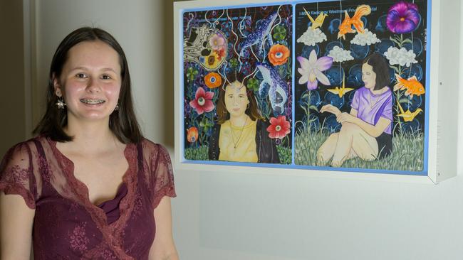 Exit Art Participant, emerging producer and MAGNIFY spokesperson Hayley Ryan next to her piece entitled 'Paroxysm'. Picture: Paz Tassone