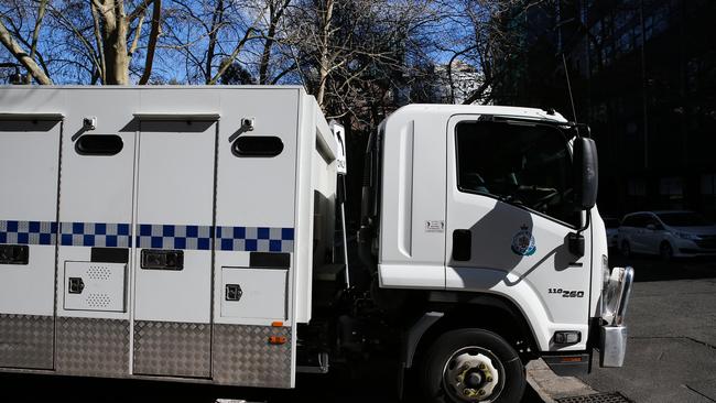 A view of the police truck transferring convicted murderer Chris Dawson as he leaves Surry Hills police station. Picture: NCA Newswire / Gaye Gerard