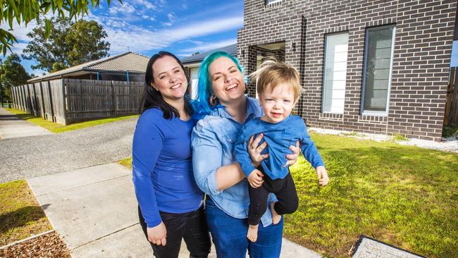 Annie and Kristina Doyle with their son Ted at their home. Picture: Nigel Hallett