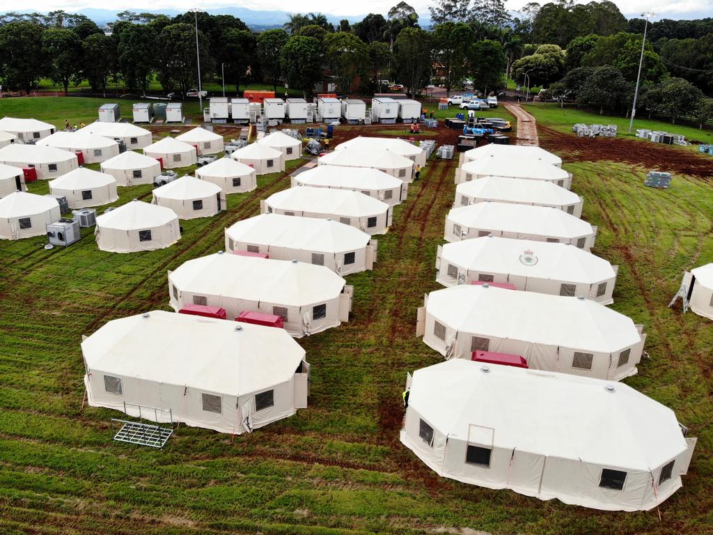 The tent city that has been set up at on the Wollongbar TAFE grounds to house the hundreds of RFS and Fire and Rescue personnel who will be arriving to help with the massive clean up. Picture: Toby Zerna