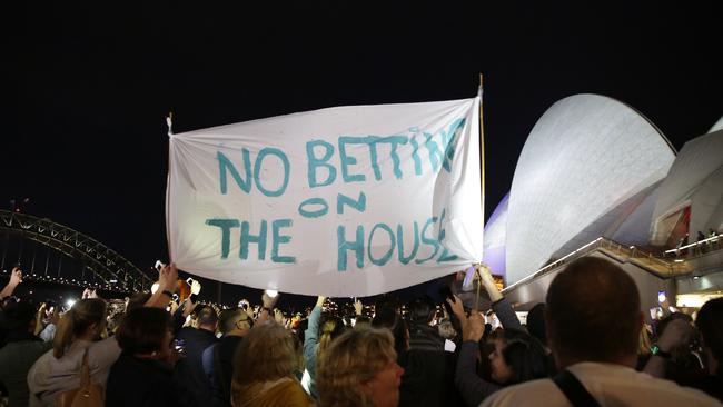 Protesters gathered outside the Sydney Opera House after a petition garnered 300,000 signatures. Picture: Christian Gilles