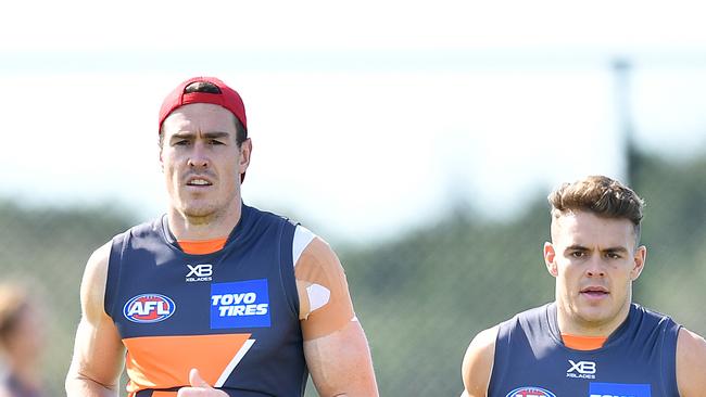 Jeremy Cameron (left) and Zac Langdon at GWS training on Thursday. Picture: AAP Image/Joel Carrett. 