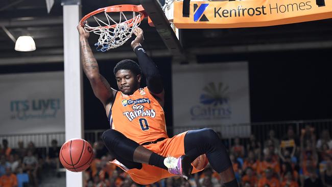 CAIRNS, AUSTRALIA – MARCH 28: Cameron Oliver of the Taipans dunks during the round 11 NBL match between the Cairns Taipans and the Adelaide 36ers at Cairns Pop Up Arena on March 28, 2021 in Cairns, Australia. (Photo by Albert Perez/Getty Images)