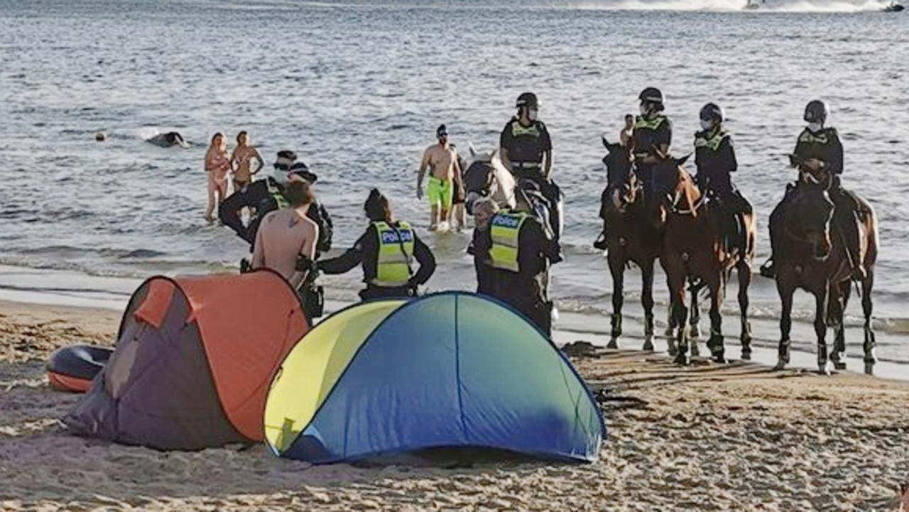 Police handcuff a man on St Kilda beach after a scuffle broke out. Picture: Twitter/@AngeMaryClaire