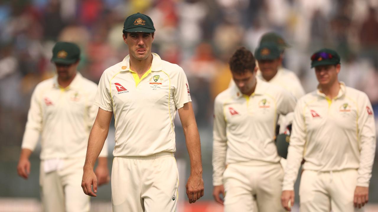 Pat Cummins of Australia leads the team off the ground after they were defeated by India during day three of the Second Test match in the series between India and Australia at Arun Jaitley Stadium on February 19, 2023 in Delhi, India. (Photo by Robert Cianflone/Getty Images)