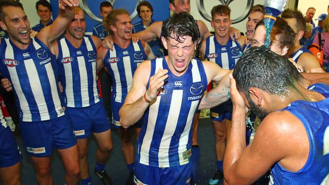 Jasper Pittard earned a Gatorade shower after his first win in North Melbourne colours. Picture: Getty Images