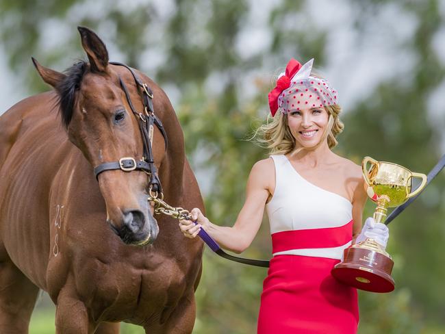 Elsa Pataky with Who shot Thebarman at Flemington ahead of the 2016 Emirates Melbourne Cup. Picture: Jason Edwards