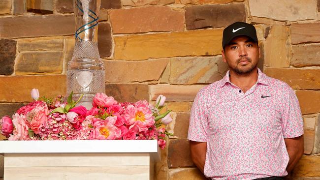 MCKINNEY, TEXAS - MAY 14: Jason Day of Australia is presented with the trophy after winning the AT&T Byron Nelson at TPC Craig Ranch on May 14, 2023 in McKinney, Texas.   Mike Mulholland/Getty Images/AFP (Photo by Mike Mulholland / GETTY IMAGES NORTH AMERICA / Getty Images via AFP)