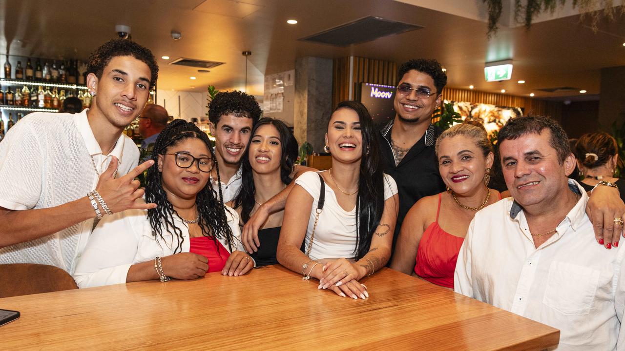 Natalia Da Silva (centre) celebrates her birthday and New Year's Eve with (from left) Gabriel Da Silva, Lucelia Santos, Nataniel Da Silva, Rachael Da Silva, Sayder Silva, Lucy Da Silva and Oziel Lucio at The Rock, Tuesday, December 31, 2024. Picture: Kevin Farmer