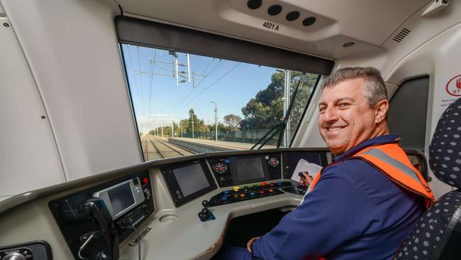 Train driver Mark Gregory being trained on the newly electrified Gawler line. Picture: Brenton Edwards