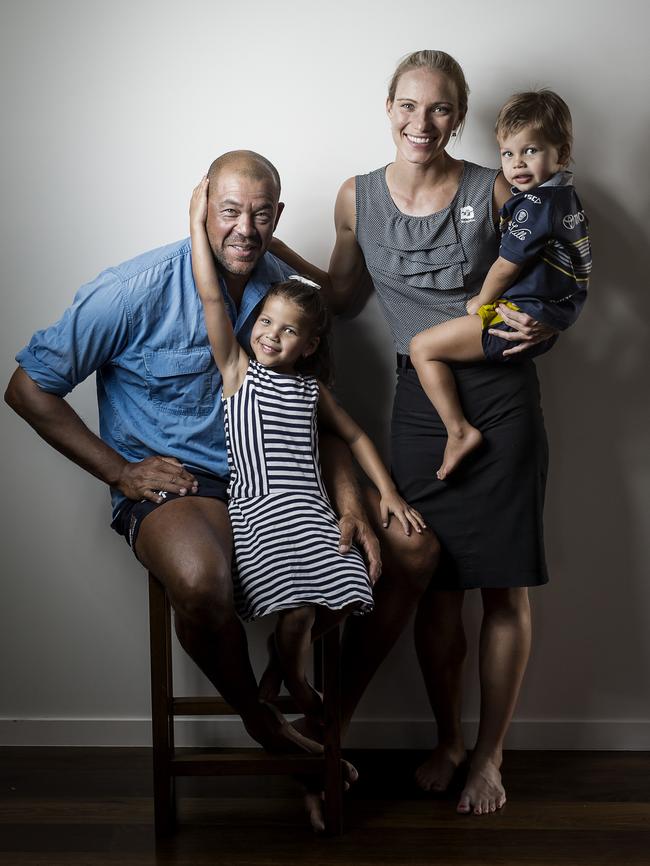 ##Embargo - Qweekend only## Former Australian cricketer Andrew Symonds at home in Townsville. Andrew with wife Laura and children, Chloe, 4 and Billy, 2. Photo Mark Cranitch.