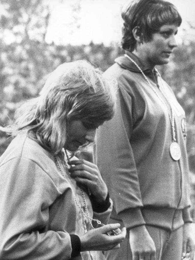 Raelene Boyle collects her 100m silver medal behind Renate Stecher at the 1972 Munich Olympics.