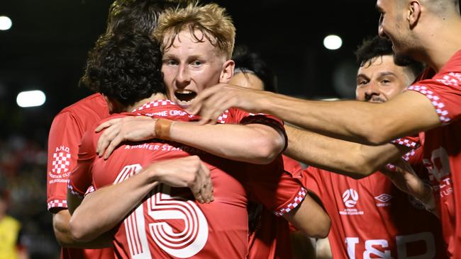 Alex Hird celebrates a goal for Melbourne Knights. Picture: Gem Photography