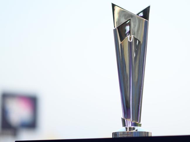 SHARJAH, UNITED ARAB EMIRATES - NOVEMBER 01: Detailed view of the ICC Men's T20 World Cup Trophy during the ICC Men's T20 World Cup match between England and Sri Lanka at Sharjah Cricket Stadium on November 01, 2021 in Sharjah, United Arab Emirates. (Photo by Alex Davidson/Getty Images)