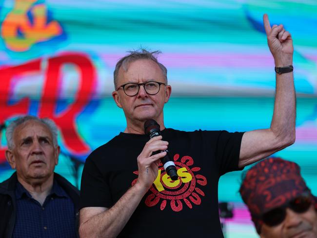 SHEPPARTON, AUSTRALIA - OCTOBER 06: Prime Minister of Australia Anthony Albanese addresses the crowd wearing a 'Yes' T-shirt at 'Now & Forever' at Shepparton Showgrounds on October 06, 2023 in Shepparton, Australia. An Artist and First Nations-led initiative, 'Now & Forever' is a celebration and invitation to stand in solidarity with community to amplify choosing yes for the 2023 Referendum. (Photo by Asanka Ratnayake/Getty Images)