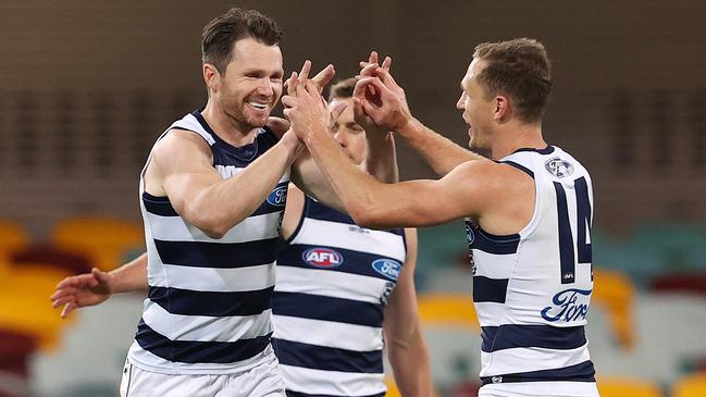 Patrick Dangerfield and Joel Selwood were all smiles against St Kilda. Picture: Michael Klein