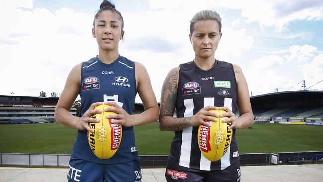 Carlton marquee Darcy Vescio and Collingwood marquee Moana Hope at Ikon Park. Picture: David Caird