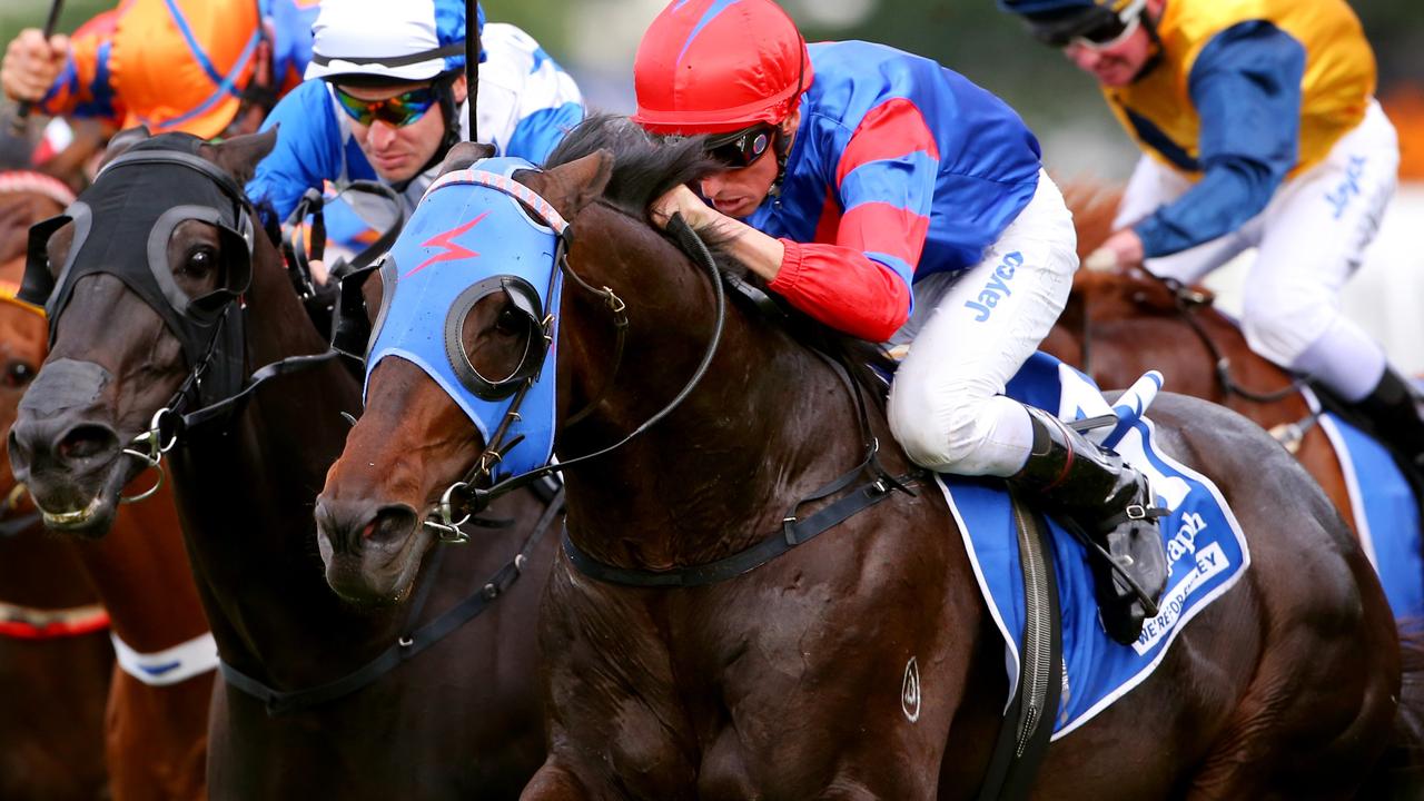 Golden Slipper race day at Rosehill Gardens. Race 8 The Daily Telegraph George Ryder Stakes winner Pierro ridden by  Nash Rawiller. (right).