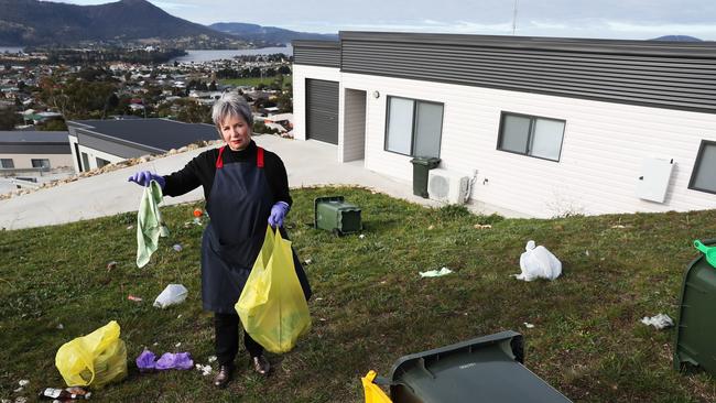 Glenorchy City Council mayoral candidate Sue Hickey cleaning up rubbish at McGill Rise in Claremont. Picture: Nikki Davis-Jones