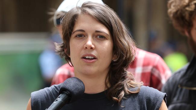 Environmental Protesters marched from Town Hall to the NSW Parliament to demanding an end to the Anti-Protest laws. Violet Coco who was recently bailed from prison spoke to the crowd. Picture: NCA NewsWire / David Swift