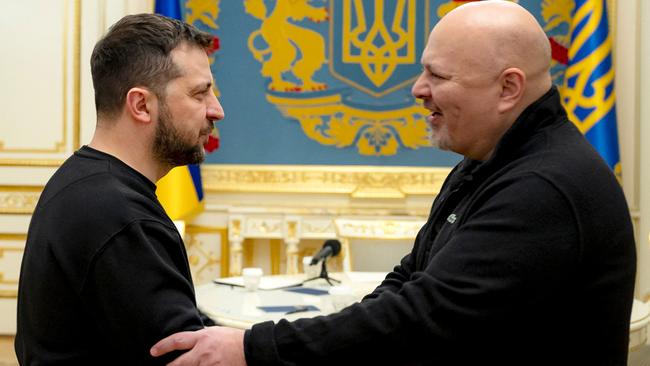 Ukraine President Volodymyr Zelensky, left, welcomes Prosecutor of the International Criminal Court (ICC) Karim Khan during their meeting in Kyiv. Picture: AFP