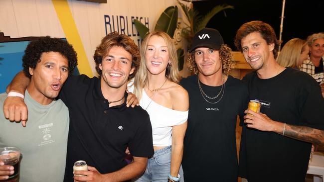 Thomas Maallem, Marco Mignot, Rachel Dorsey Fro, Henere Harrys and Eliot Napias at the WSL Gold Coast Pro 2025 after party at Burleigh Pavilion for Gold Coast at Large. Picture, Portia Large.